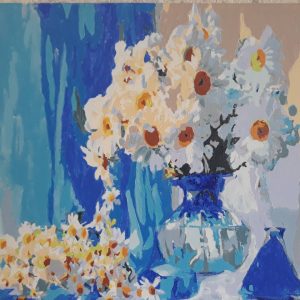 "Жёлтые ромашки в голубой вазе" - натюрморт М. Киселёвой